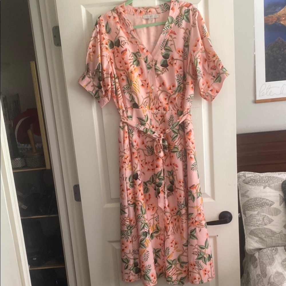 LOFT Orange and Pink Ruffled Wrap Midi Dress